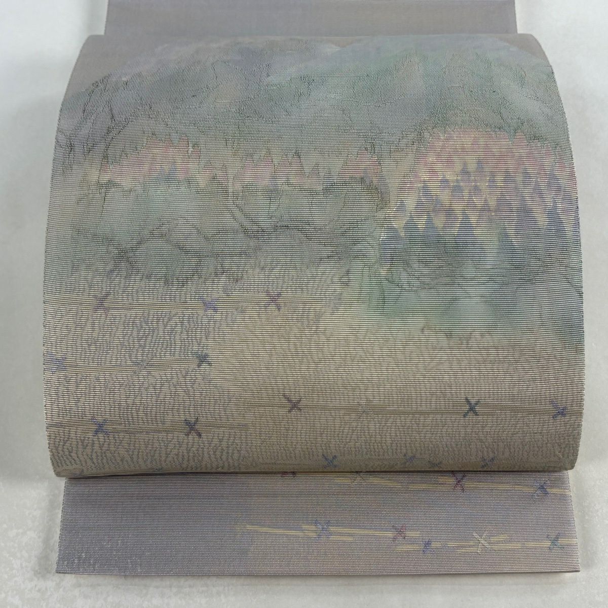 【美品】 袋帶 秀品級 山並 樹木 金金箔 灰紫 お太鼓圖案 純蠶絲