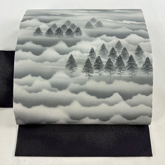【美品】 名古屋帶 秀品級 樹木 霞 銀通 金銀彩 漸層 深紫 純蠶絲