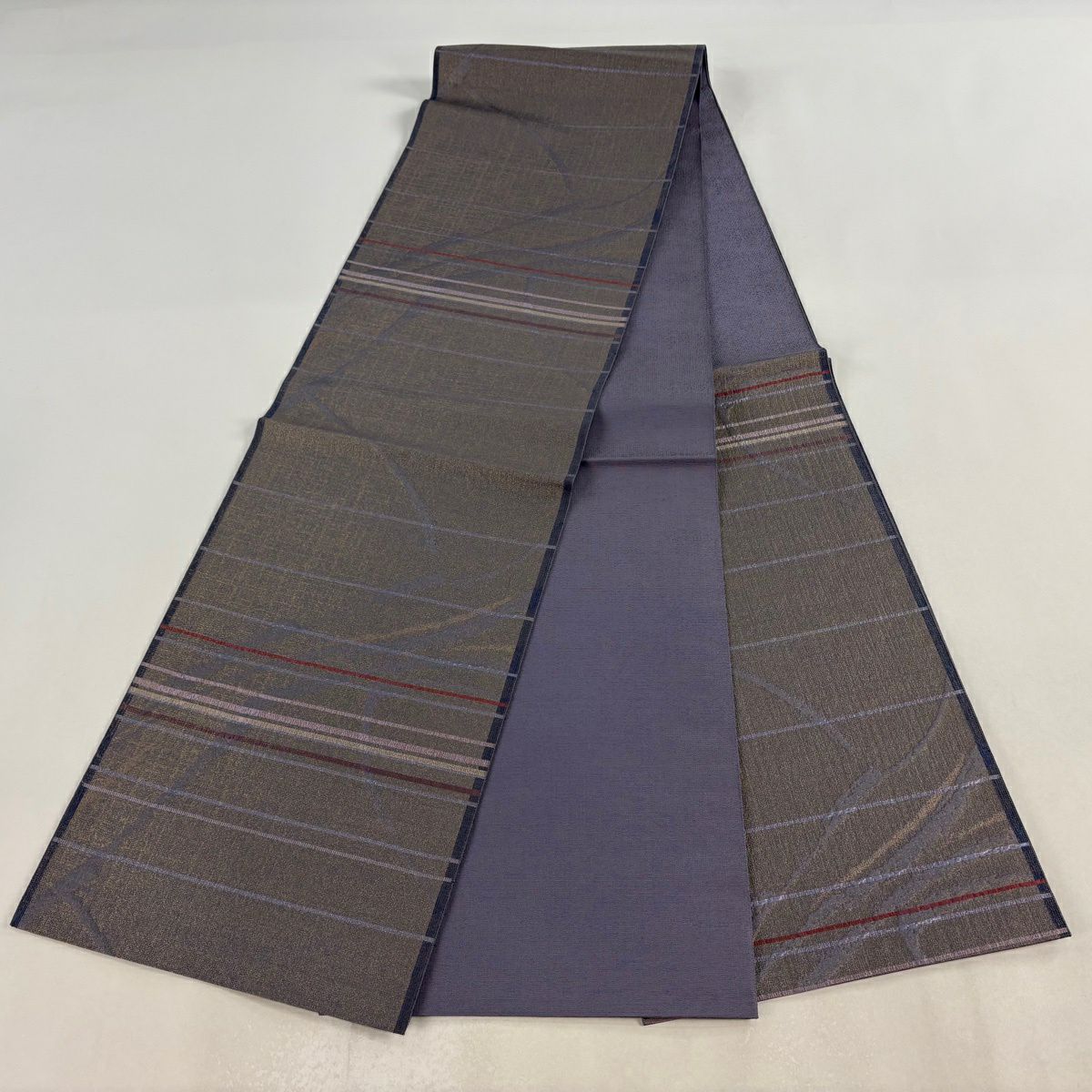 【美品】 袋帶 秀品級 縞 幾何學 金金箔 紫 六通 純蠶絲