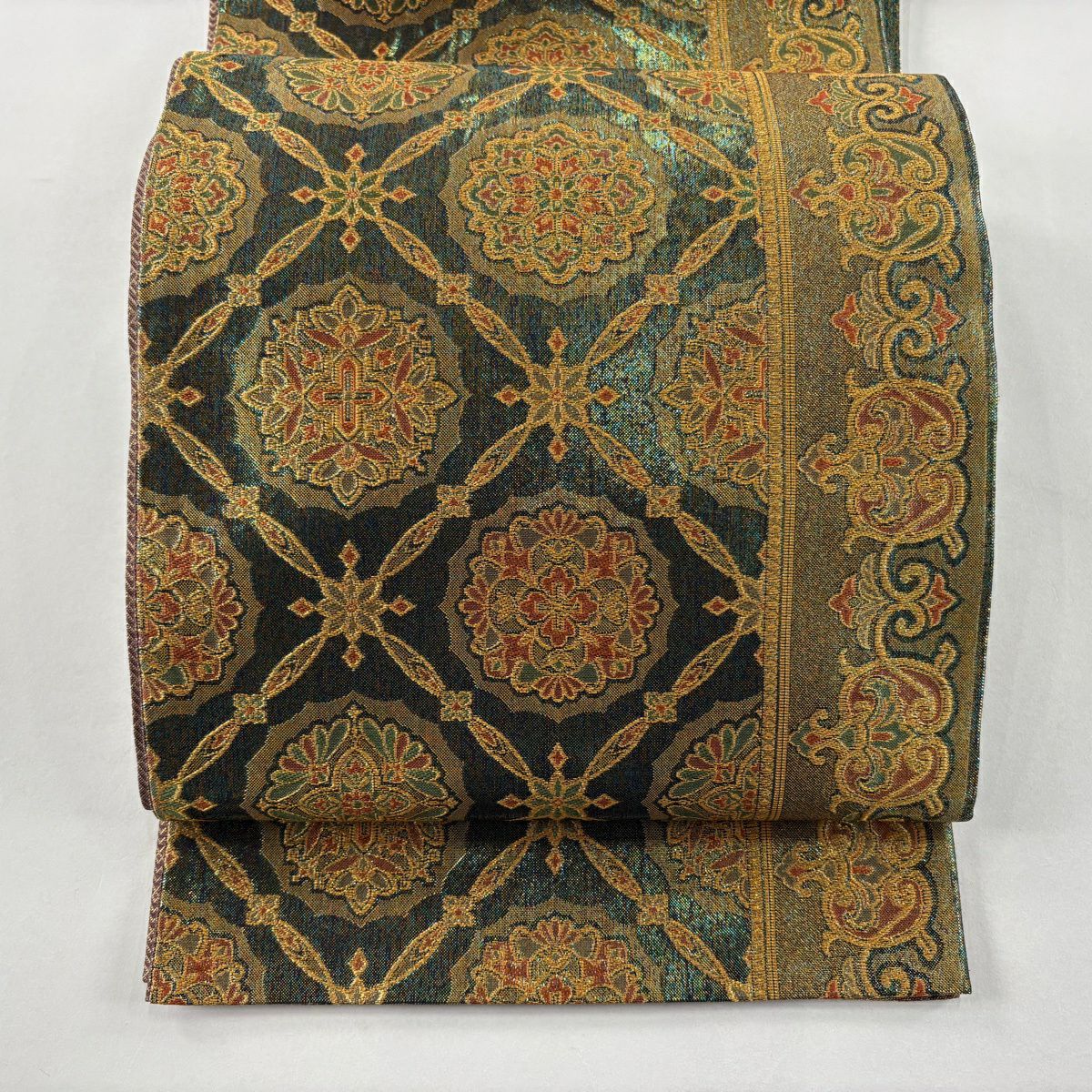 【美品】 袋帶 秀品級 華紋 金絲 金金箔 綠 六通 純蠶絲