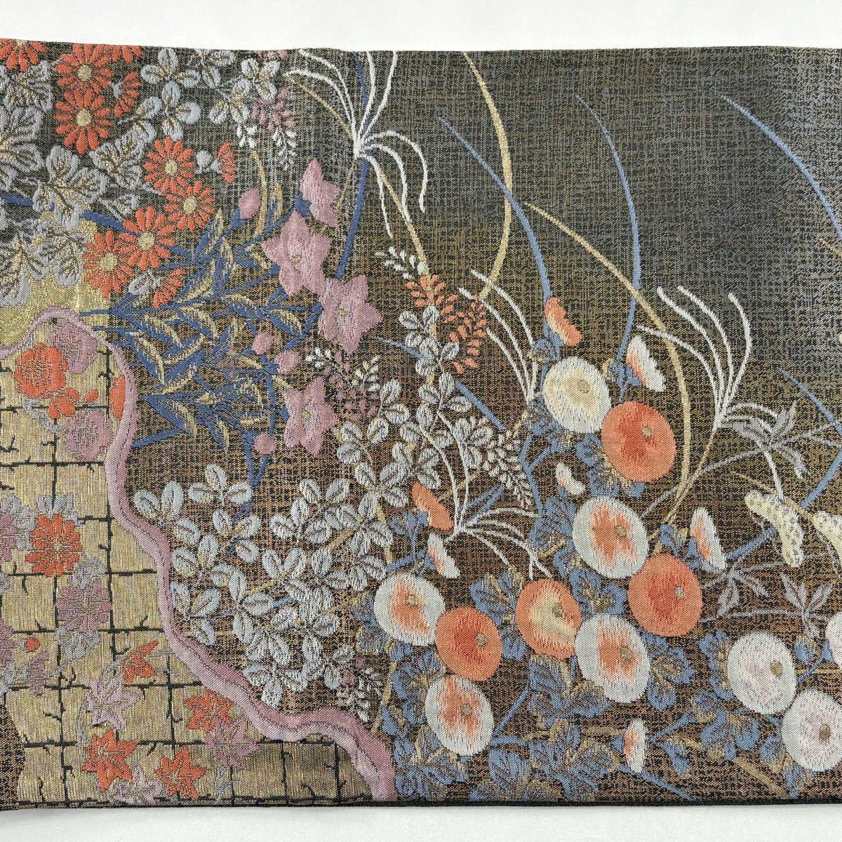【美品】 袋帶 秀品級 萬壽菊花 草花紋 金絲 灰色 六通 純蠶絲