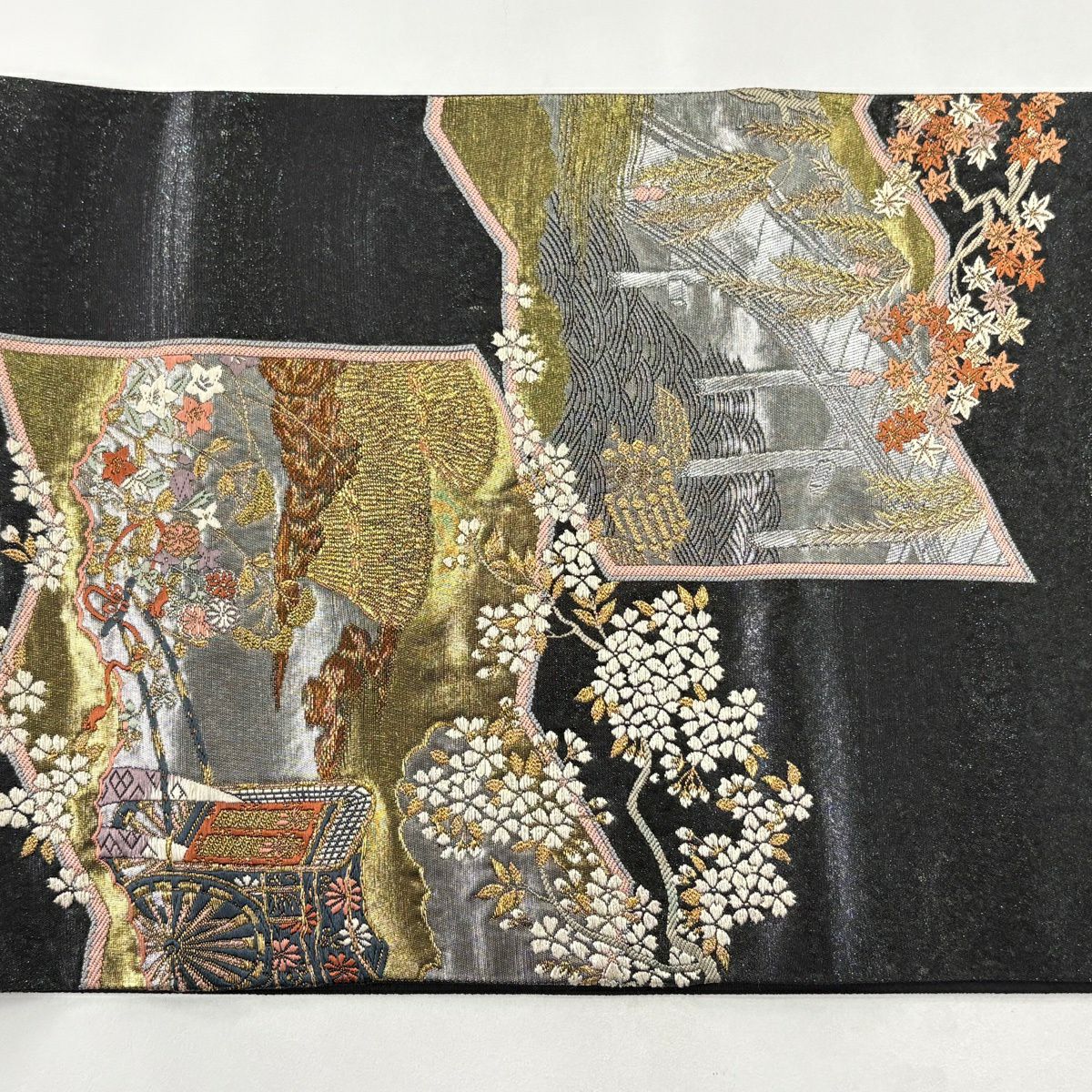 袋帶 秀品級 青銅金金箔 御所車 櫻花 唐織 墨 黑色 お太鼓柄 純蠶絲