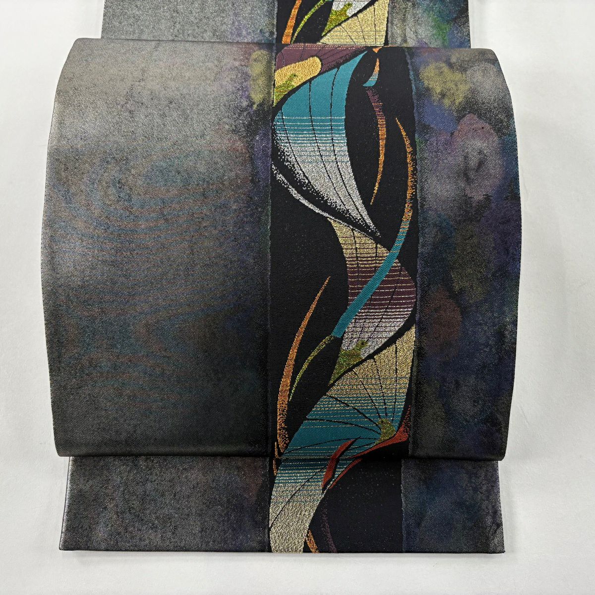 【美品】 袋帶 秀品級 鳥 幾何圖案 金金箔 灰紫 六通 純蠶絲