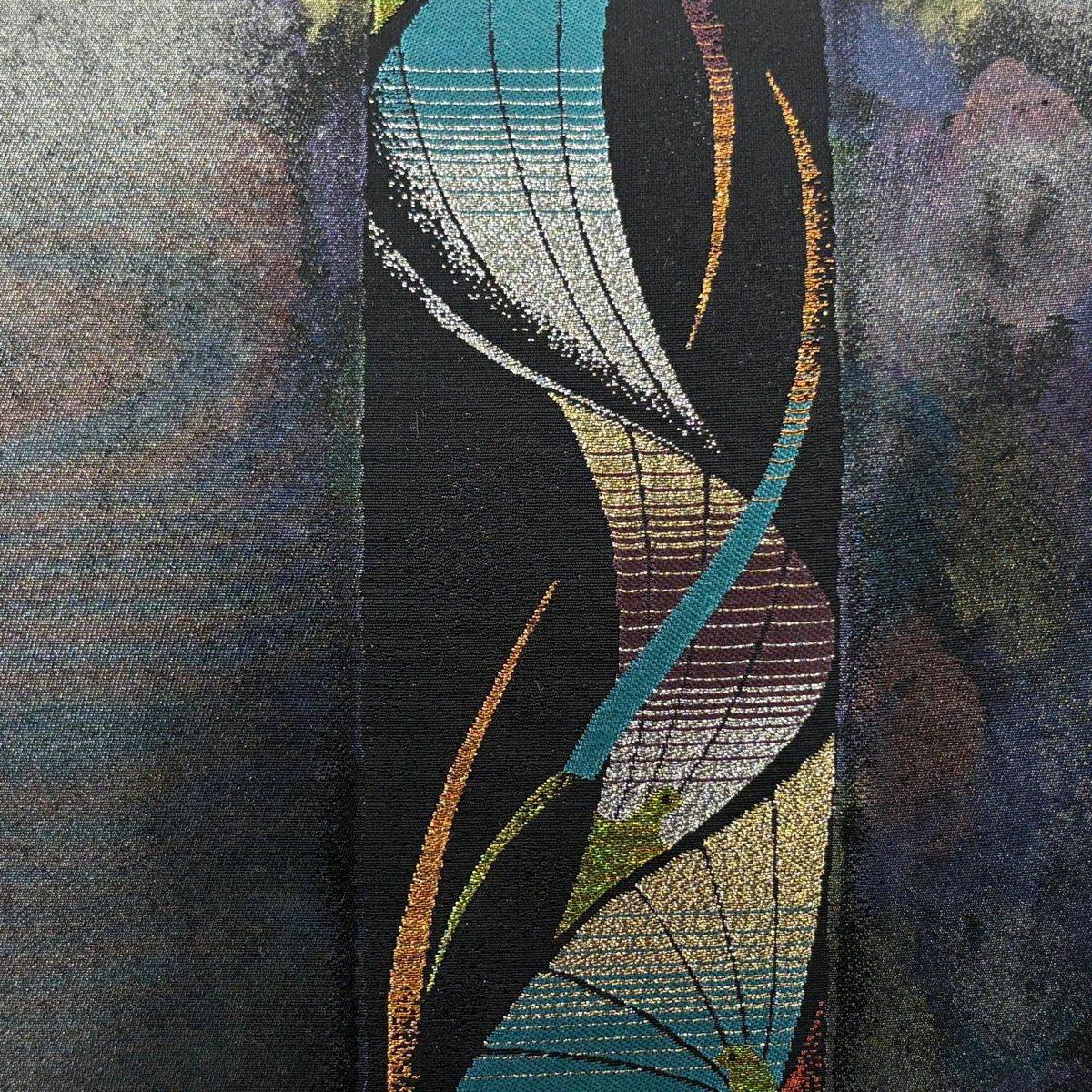 【美品】 袋帶 秀品級 鳥 幾何圖案 金金箔 灰紫 六通 純蠶絲