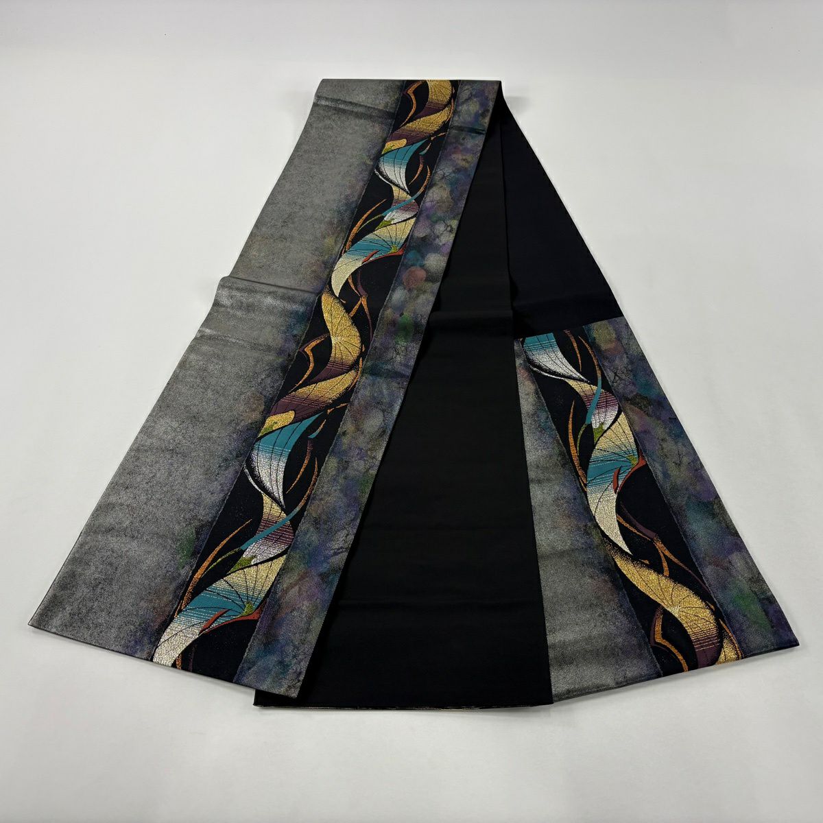 【美品】 袋帶 秀品級 鳥 幾何圖案 金金箔 灰紫 六通 純蠶絲