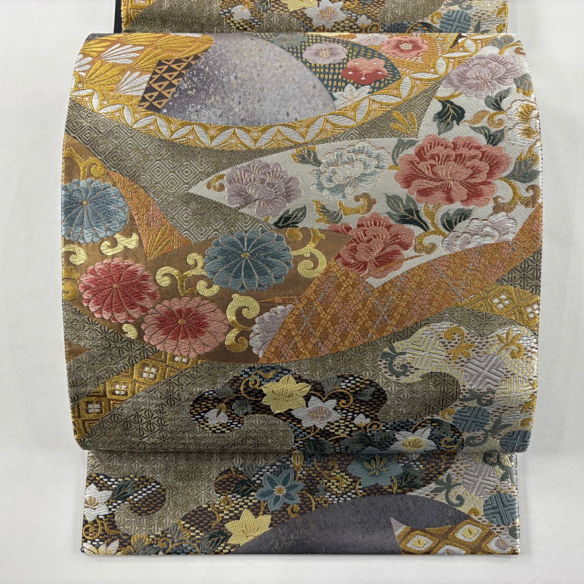 袋帶 秀品級 花唐草紋 波頭 金絲 唐織 淺紫 六通 純蠶絲