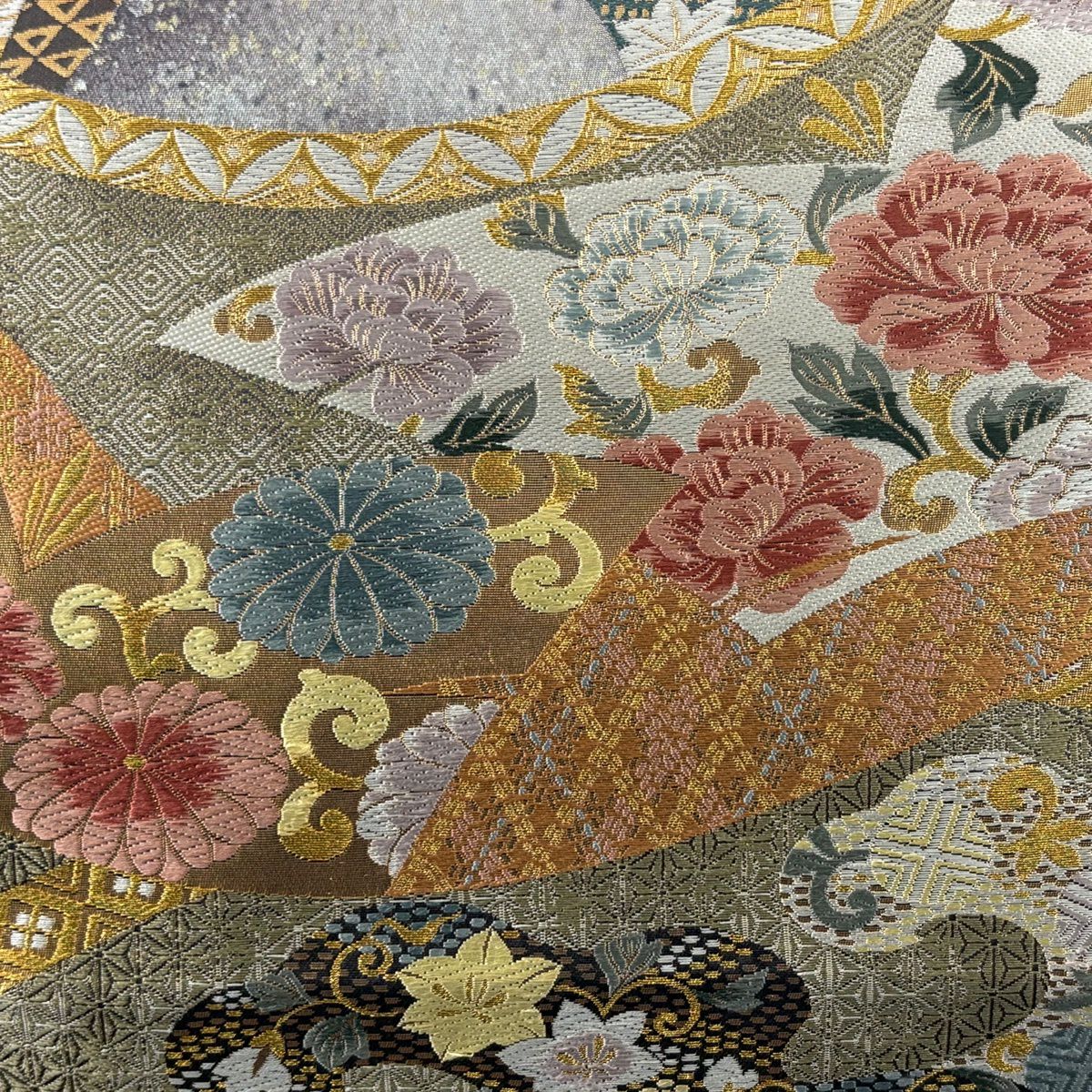 袋帶 秀品級 花唐草紋 波頭 金絲 唐織 淺紫 六通 純蠶絲