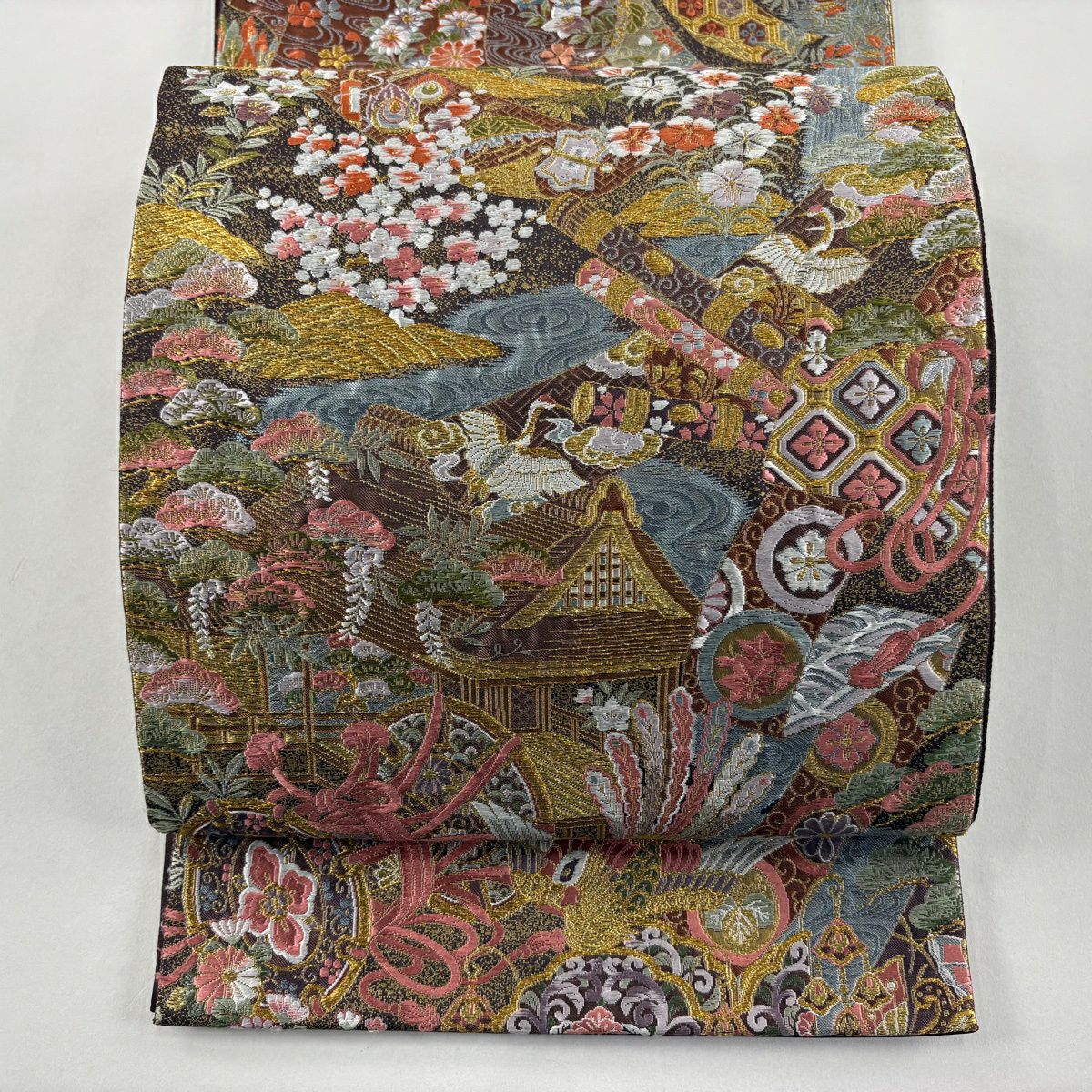 袋帶 秀品級 建築 鼓 金絲 刺繡 紫 六通 純蠶絲