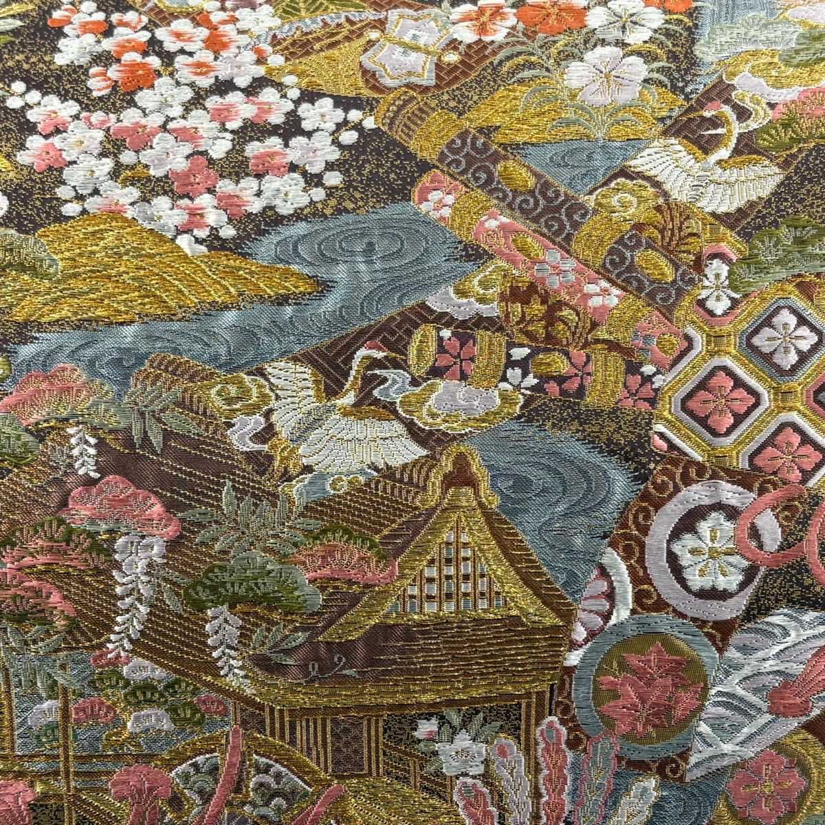 袋帶 秀品級 建築 鼓 金絲 刺繡 紫 六通 純蠶絲