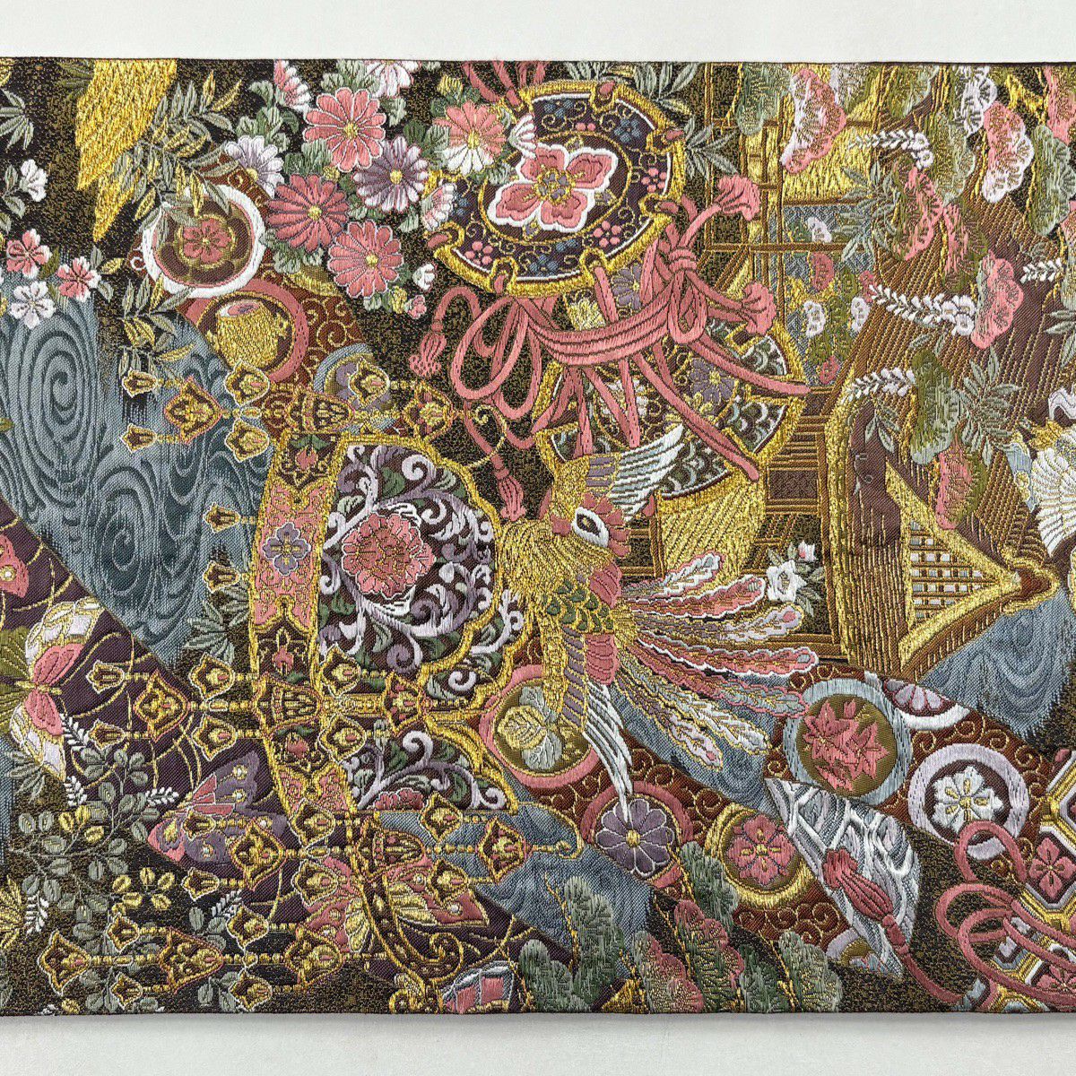 袋帶 秀品級 建築 鼓 金絲 刺繡 紫 六通 純蠶絲