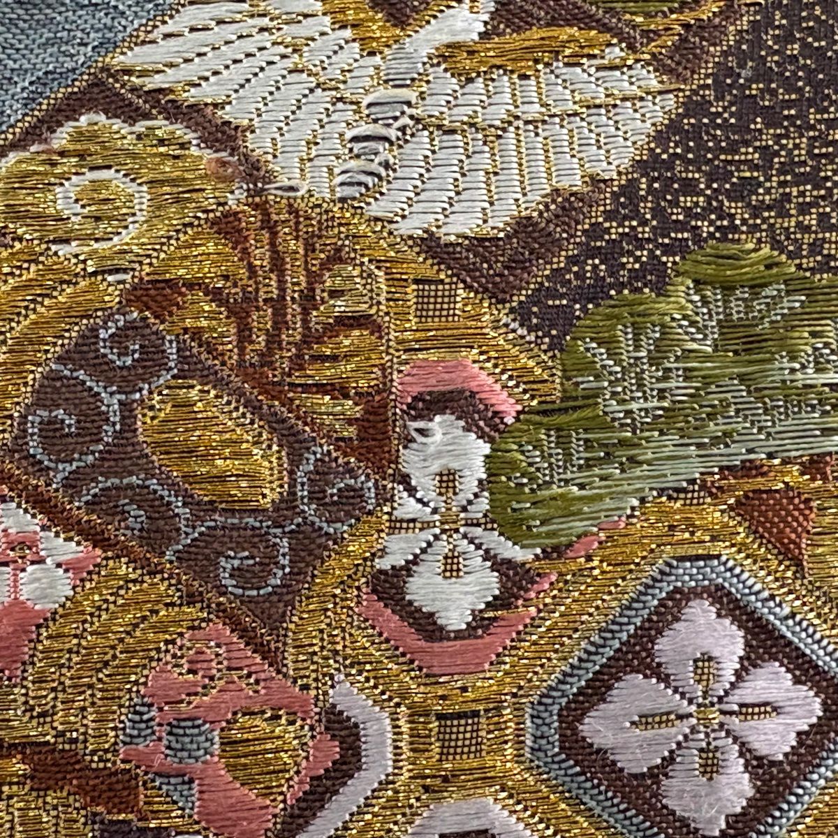 袋帶 秀品級 建築 鼓 金絲 刺繡 紫 六通 純蠶絲