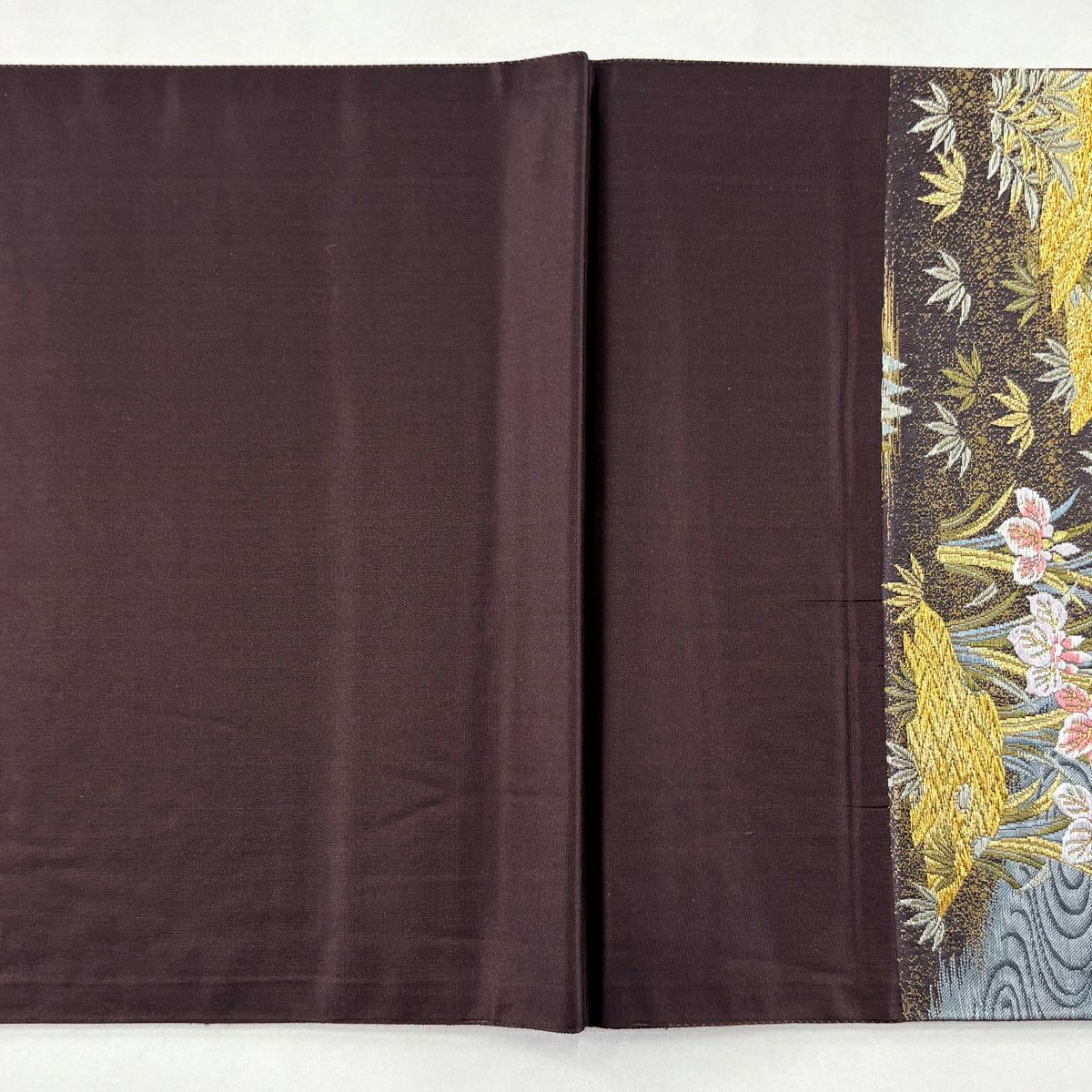 袋帶 秀品級 建築 鼓 金絲 刺繡 紫 六通 純蠶絲