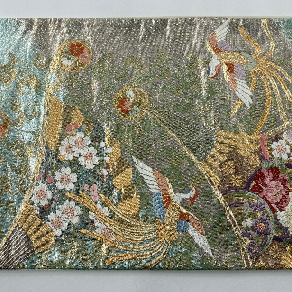 袋帶 秀品級 珠衣 扇子 草花紋 金糸 金金箔 水色 六通 純蠶絲