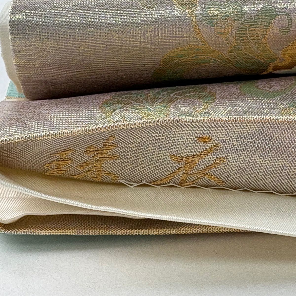 袋帶 秀品級 珠衣 扇子 草花紋 金糸 金金箔 水色 六通 純蠶絲