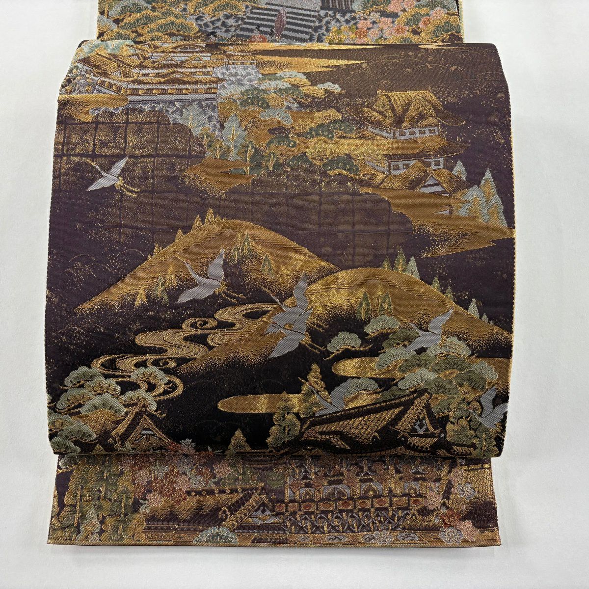 【美品】 袋帶 秀品級 建築 人物 金絲 金金箔 茶紫 六通 純蠶絲