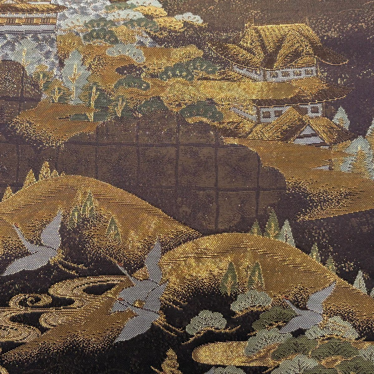 【美品】 袋帶 秀品級 建築 人物 金絲 金金箔 茶紫 六通 純蠶絲