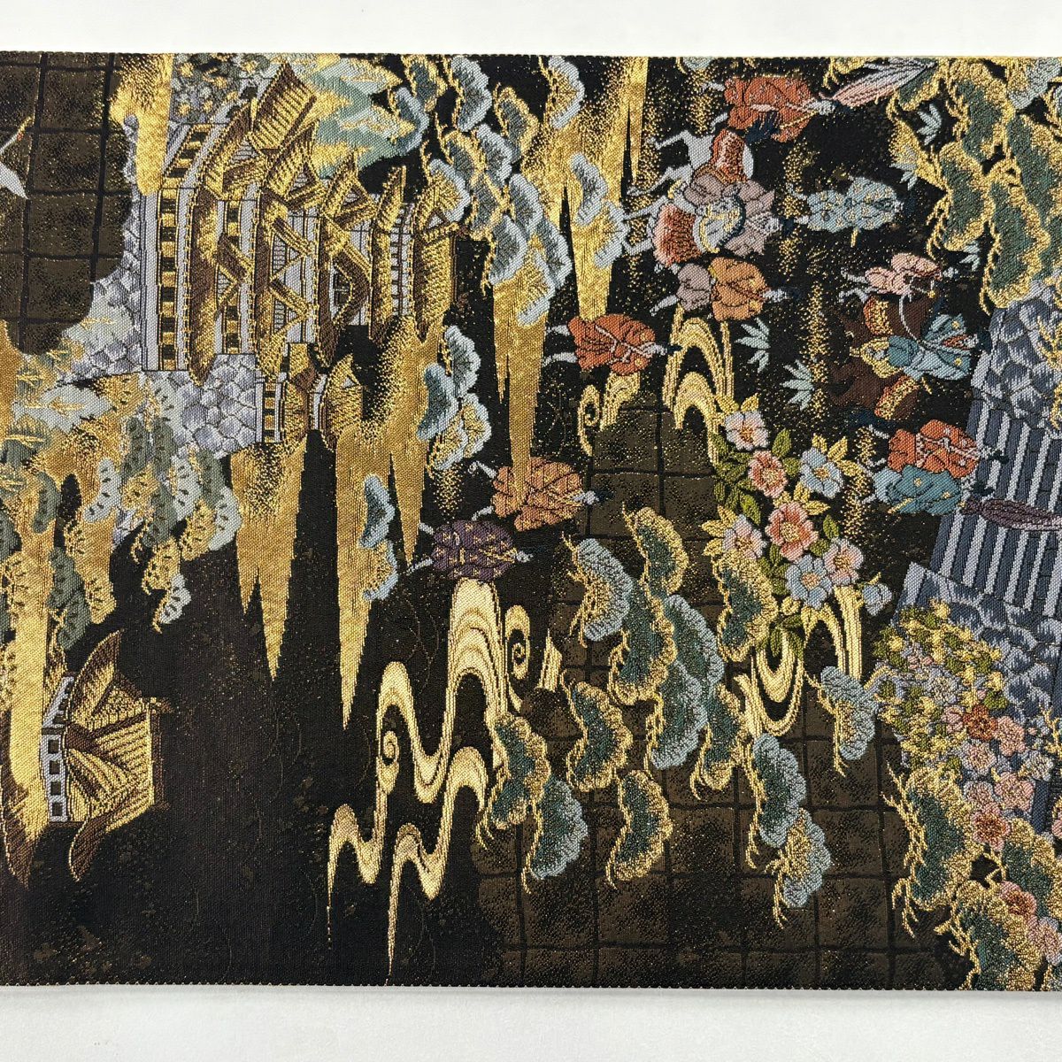 【美品】 袋帶 秀品級 建築 人物 金絲 金金箔 茶紫 六通 純蠶絲