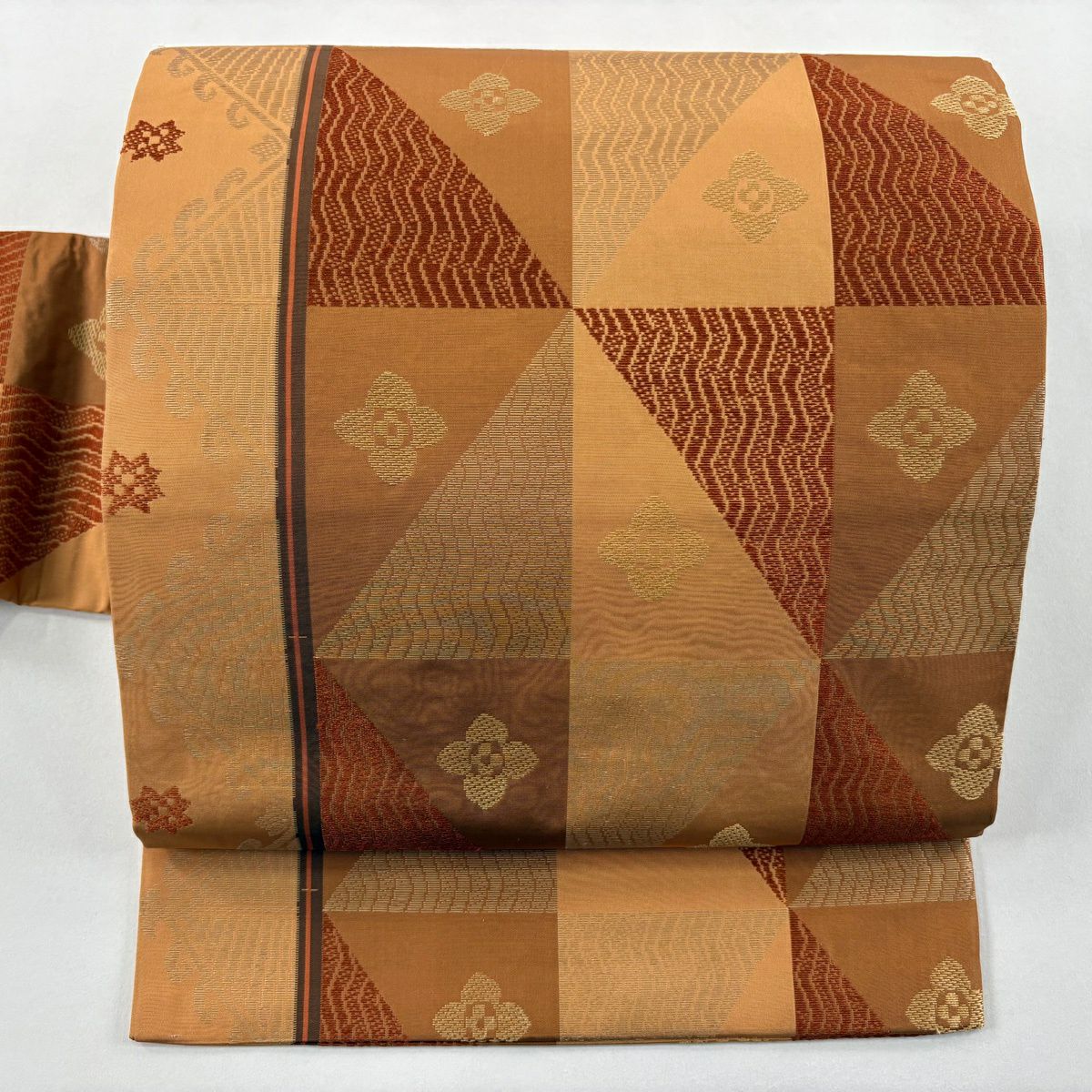 【美品】名古屋帶 秀品級 花朵 斜條紋 茶 純蠶絲