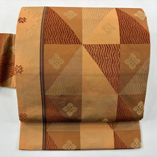【美品】名古屋帶 秀品級 花朵 斜條紋 茶 純蠶絲