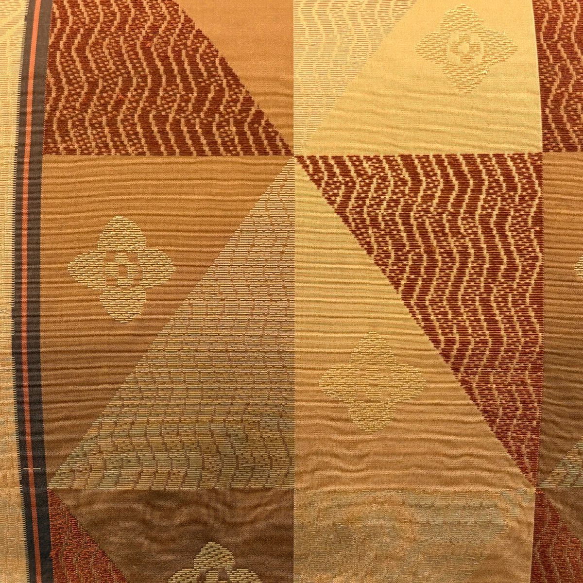 【美品】名古屋帶 秀品級 花朵 斜條紋 茶 純蠶絲