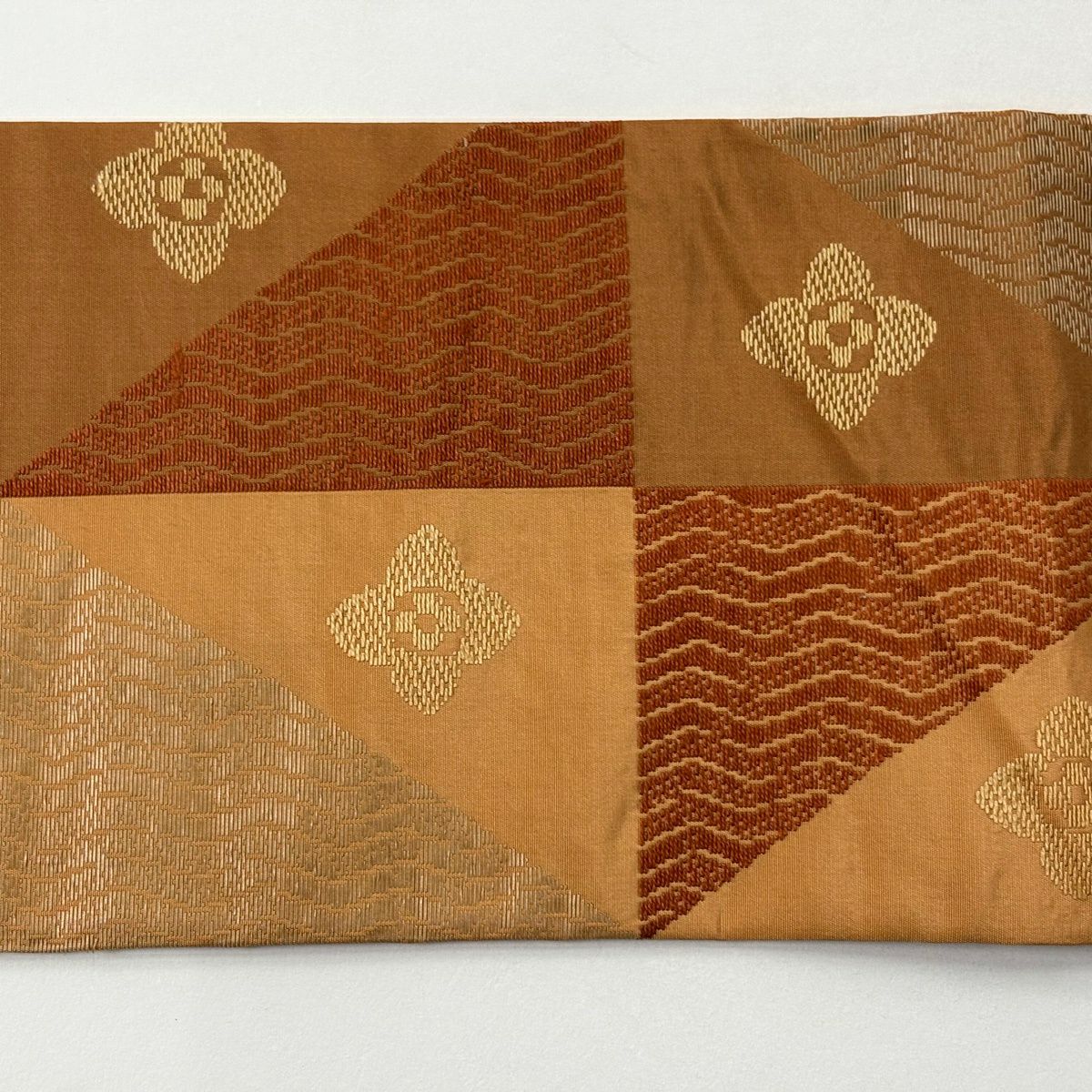 【美品】名古屋帶 秀品級 花朵 斜條紋 茶 純蠶絲
