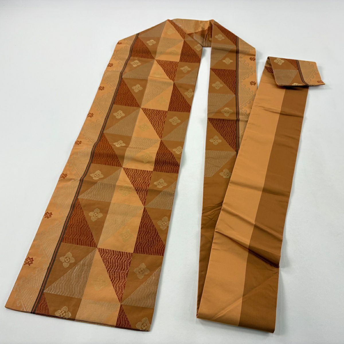 【美品】名古屋帶 秀品級 花朵 斜條紋 茶 純蠶絲