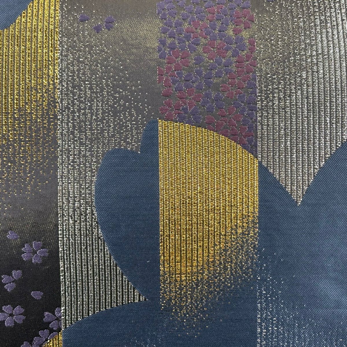 袋帶 秀品級 樱花 条纹 金金箔 青灰色 六通 純蠶絲