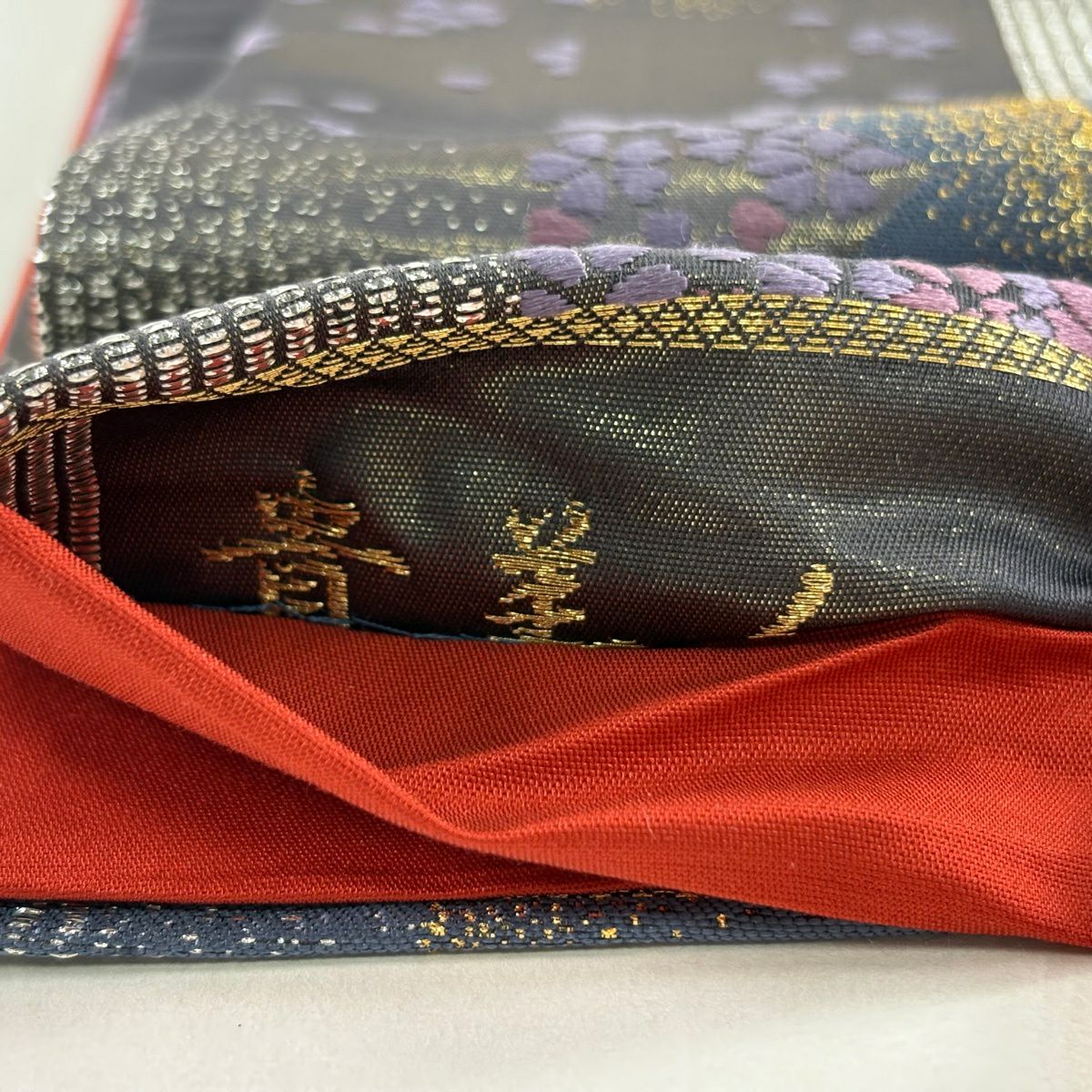 袋帶 秀品級 樱花 条纹 金金箔 青灰色 六通 純蠶絲