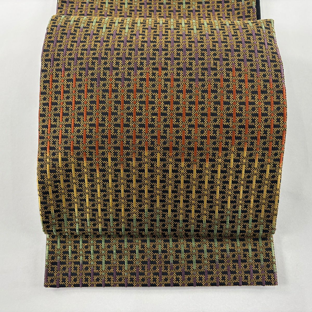 【美品】 袋帶 秀品級 六彌太格子紋 金通 黑 六通 純蠶絲