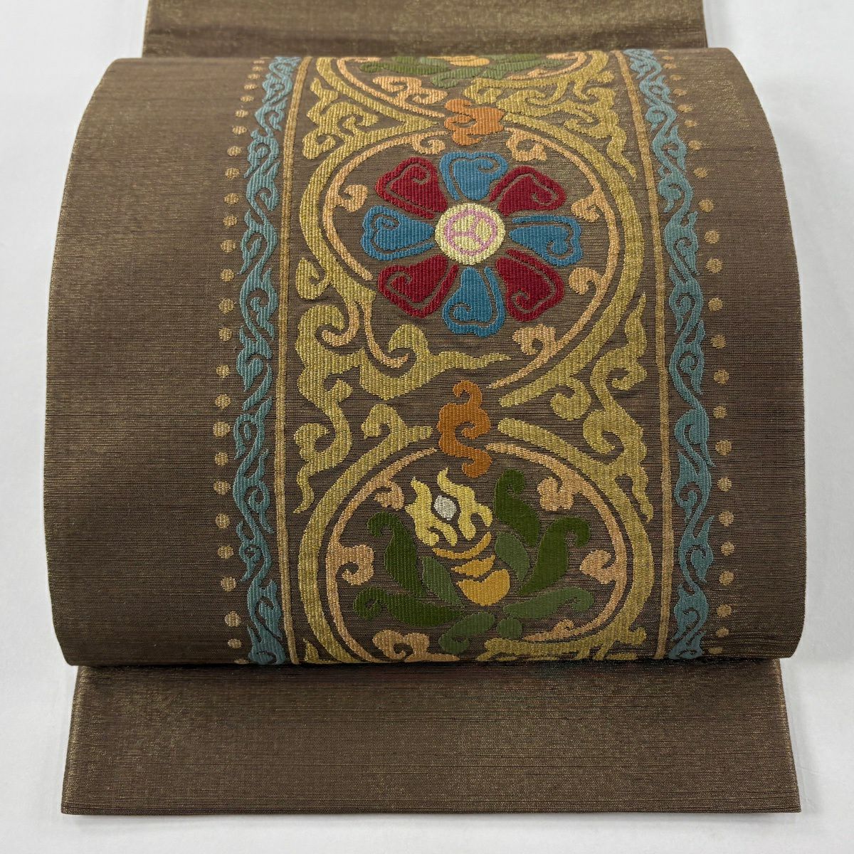【美品】 袋帶 秀品級 草花紋 唐草紋 金糸 金通 茶綠 純蠶絲 お太鼓柄