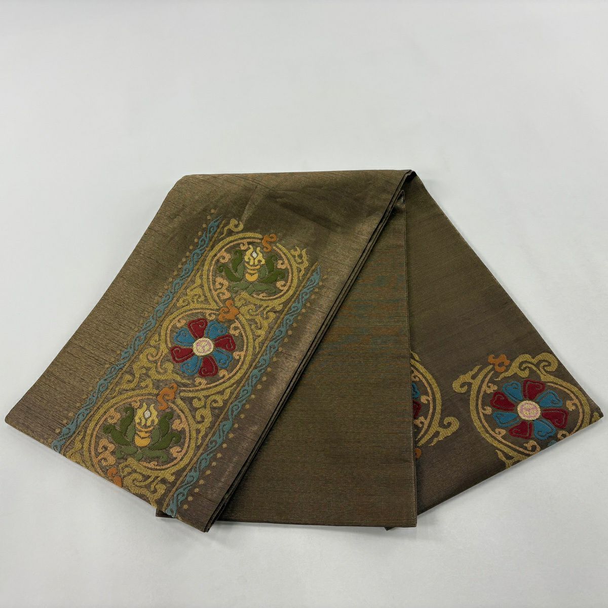 【美品】 袋帶 秀品級 草花紋 唐草紋 金糸 金通 茶綠 純蠶絲 お太鼓柄