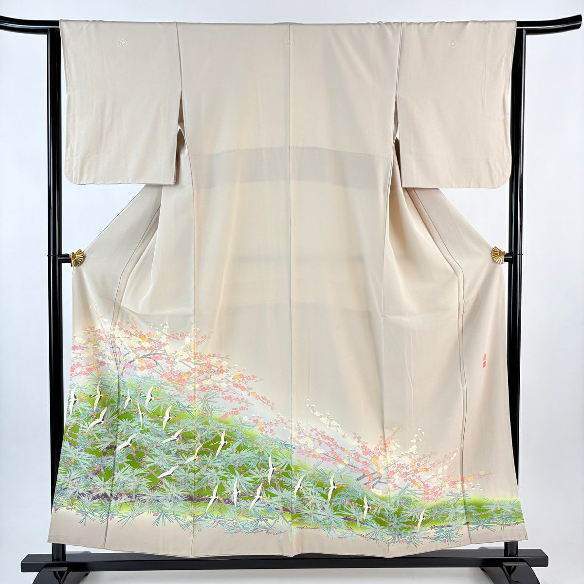 色留袖禮服 身長155cm 袖長64cm M 雙層 百貫華峰 落款あり 梅花與松樹 仙鶴 漸層 灰茶 純蠶絲 名品級 三個紋