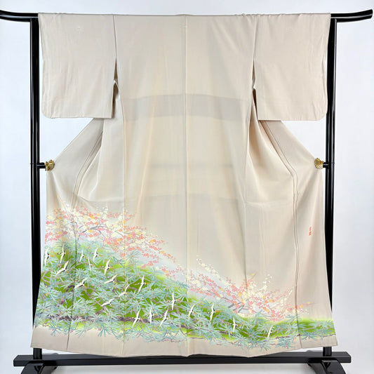 色留袖禮服 身長155cm 袖長64cm M 雙層 百貫華峰 落款あり 梅花與松樹 仙鶴 漸層 灰茶 純蠶絲 名品級 三個紋