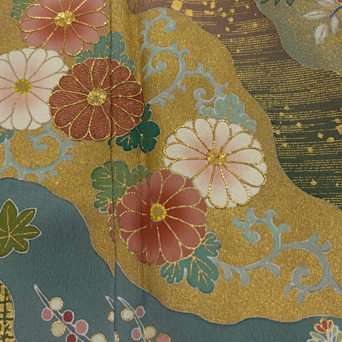 黑留袖禮服 身長158cm 袖長65cm M 雙層 松樹井青青 落款 菊花 花 鳥 金銀彩 金絲 黑 純蠶絲 名品級