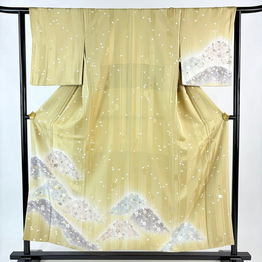 付下 身長152.5cm 袖長62.5cm S 雙層 林淳一 落款有 山並櫻花刺繡 金線 淡茶 純蠶絲 名品級