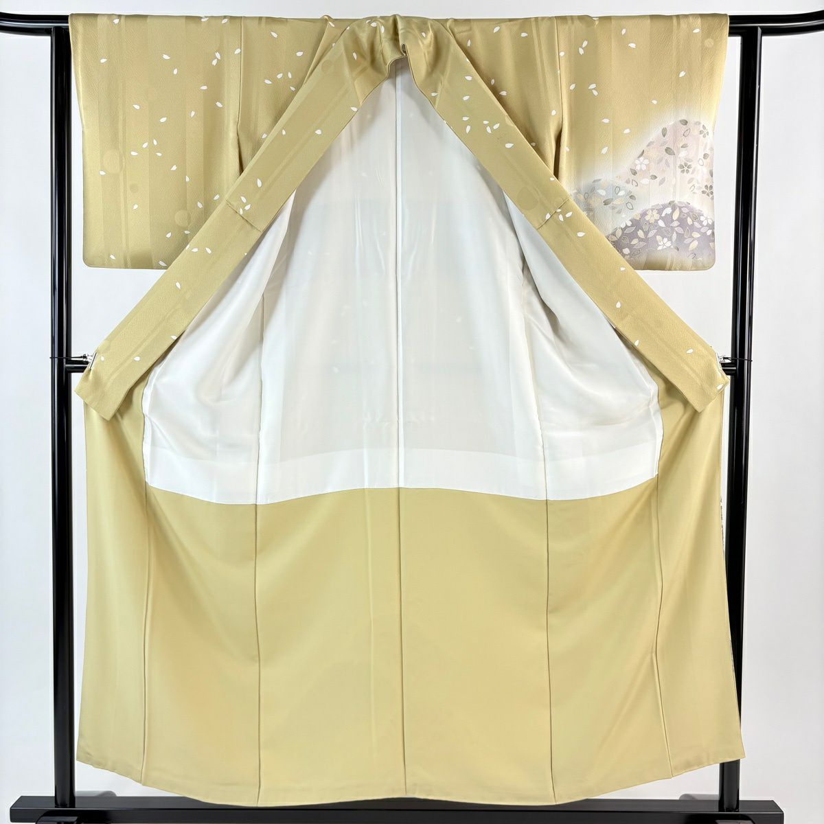 付下 身長152.5cm 袖長62.5cm S 雙層 林淳一 落款有 山並櫻花刺繡 金線 淡茶 純蠶絲 名品級