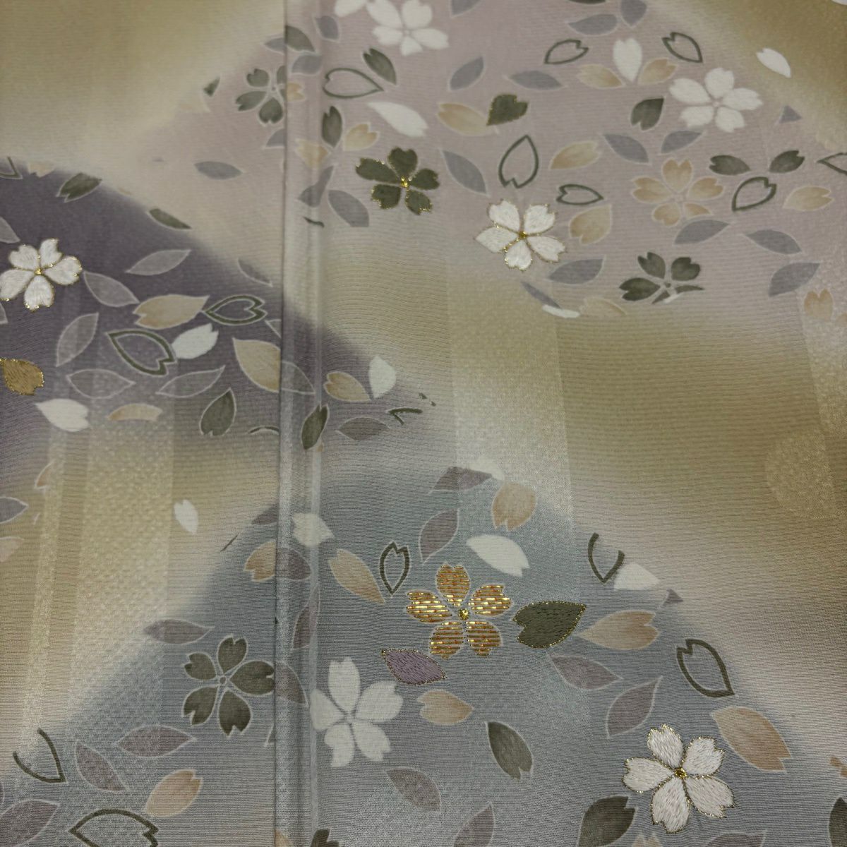 付下 身長152.5cm 袖長62.5cm S 雙層 林淳一 落款有 山並櫻花刺繡 金線 淡茶 純蠶絲 名品級