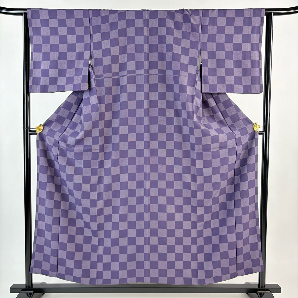 【美品】 小紋 身長153cm 袖長63.5cm S 雙層 市松樹 鮫 紫 純蠶絲 名品級