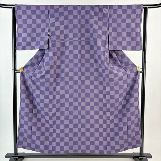 【美品】 小紋 身長153cm 袖長63.5cm S 雙層 市松樹 鮫 紫 純蠶絲 名品級