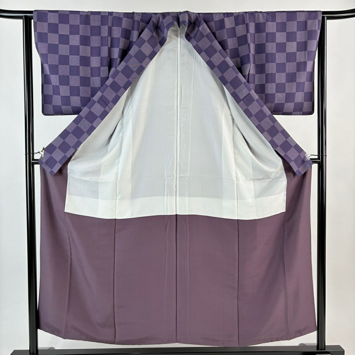 【美品】 小紋 身長153cm 袖長63.5cm S 雙層 市松樹 鮫 紫 純蠶絲 名品級