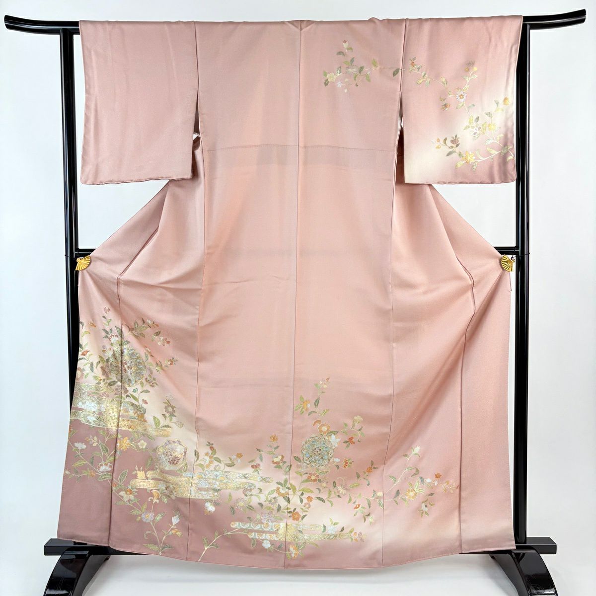【美品】訪問服 身長164cm 袖長63cm S 雙層 華紋 ヱ霞 螺鈿 銀通し 粉米色 純蠶絲 名品級