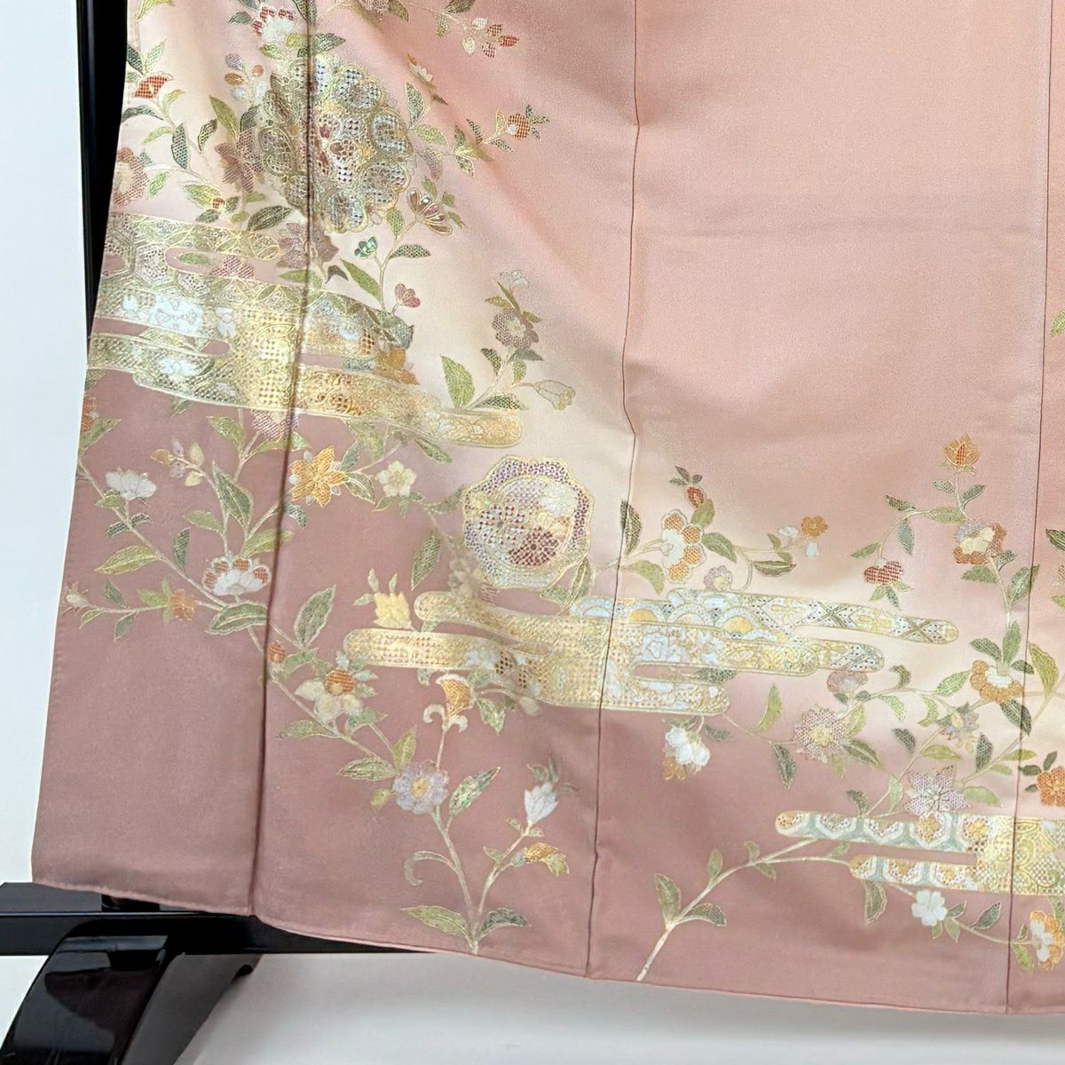 【美品】訪問服 身長164cm 袖長63cm S 雙層 華紋 ヱ霞 螺鈿 銀通し 粉米色 純蠶絲 名品級