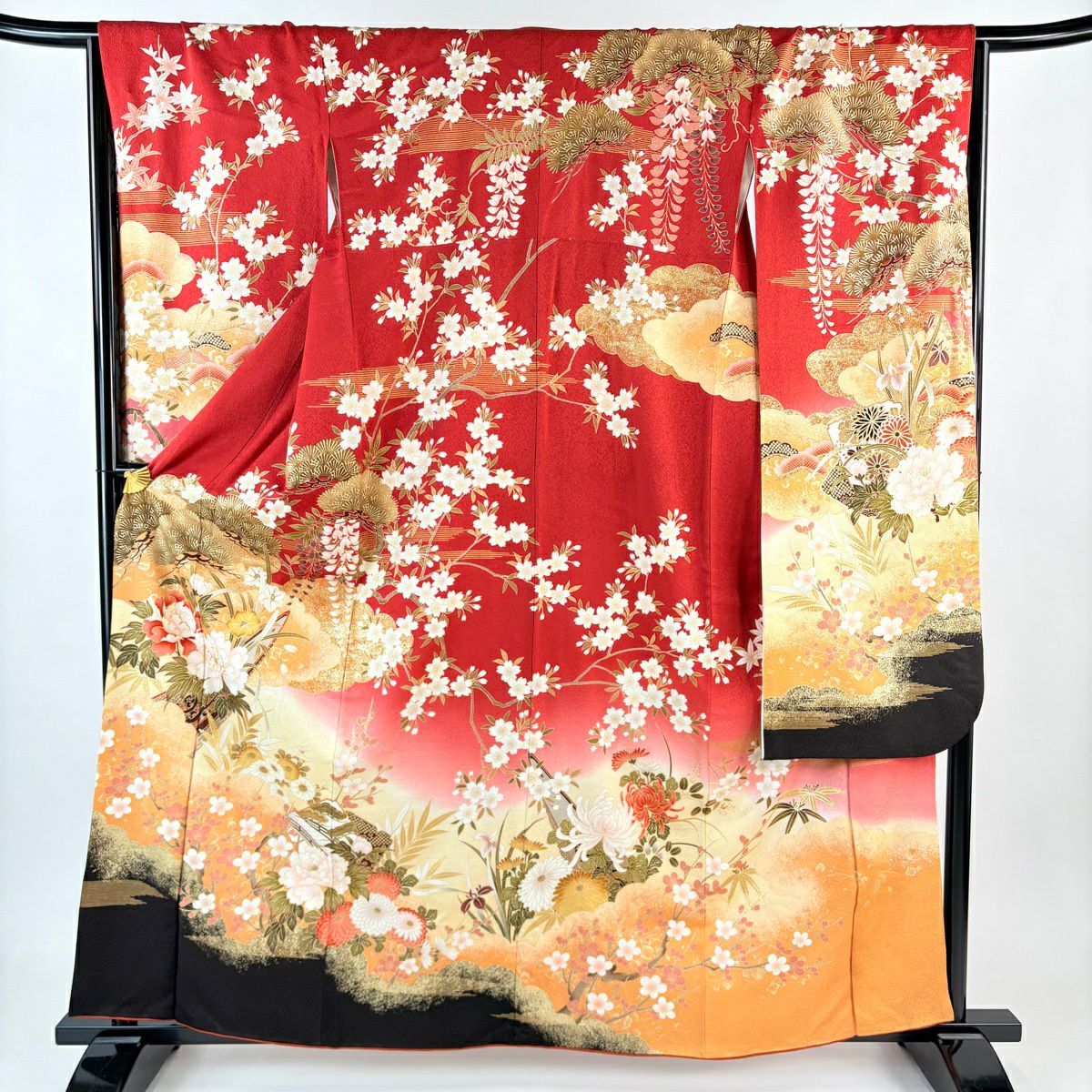 振袖禮服 身長159cm 袖長66cm M 雙層 鈴乃屋 牡丹 舟 金絲 金銀彩 紅 純蠶絲 名品級