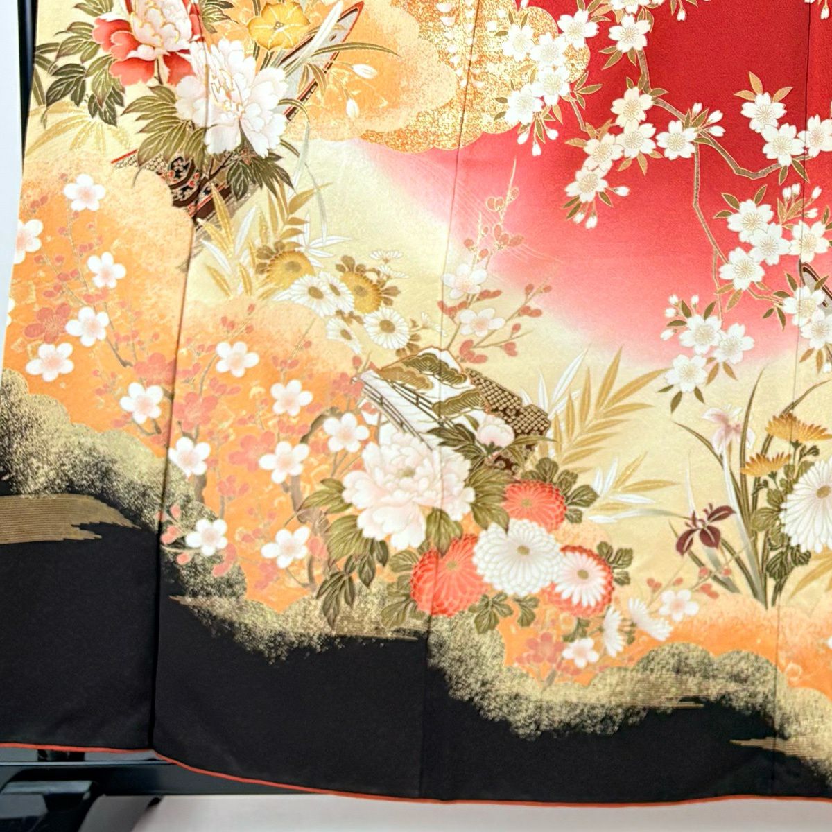 振袖禮服 身長159cm 袖長66cm M 雙層 鈴乃屋 牡丹 舟 金絲 金銀彩 紅 純蠶絲 名品級