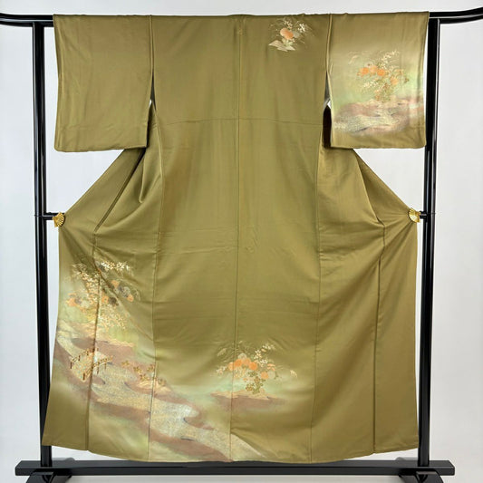 訪問服 身長154cm 袖長62cm S 雙層 菊花 橋 金銀彩 金金箔 淺茶 純蠶絲 名品級 一つ紋