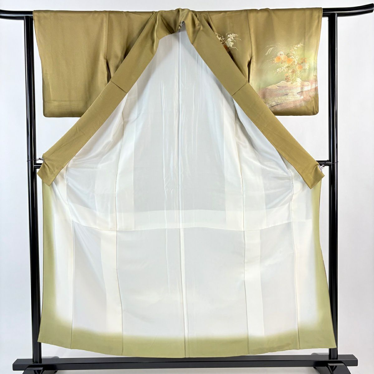 訪問服 身長154cm 袖長62cm S 雙層 菊花 橋 金銀彩 金金箔 淺茶 純蠶絲 名品級 一つ紋