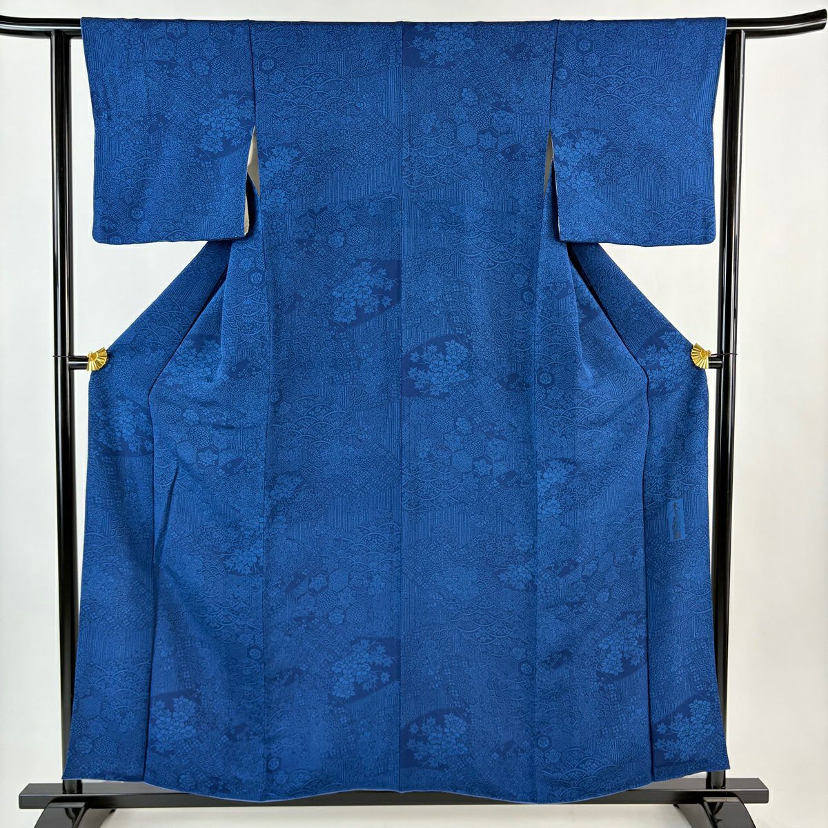 【美品】 小紋 身長154.5cm 袖長62cm S 雙層 落款あり 扇子面 青海波 絞織 藍色 純蠶絲 名品級