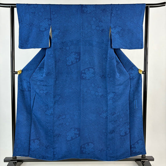 【美品】 小紋 身長154.5cm 袖長62cm S 雙層 落款あり 扇子面 青海波 絞織 藍色 純蠶絲 名品級