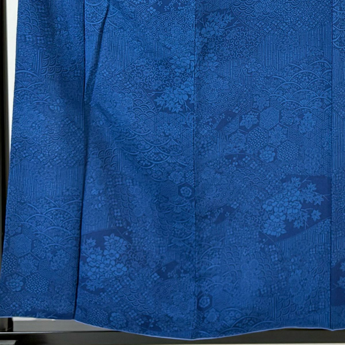 【美品】 小紋 身長154.5cm 袖長62cm S 雙層 落款あり 扇子面 青海波 絞織 藍色 純蠶絲 名品級