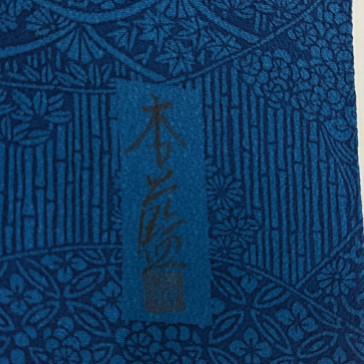 【美品】 小紋 身長154.5cm 袖長62cm S 雙層 落款あり 扇子面 青海波 絞織 藍色 純蠶絲 名品級